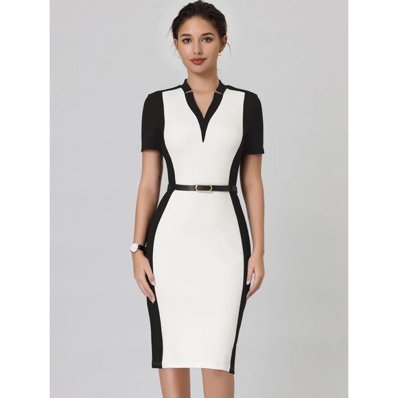 Sheath Dress Contrast Color Workwear Pencil Dresses White - Picture 2 of 6